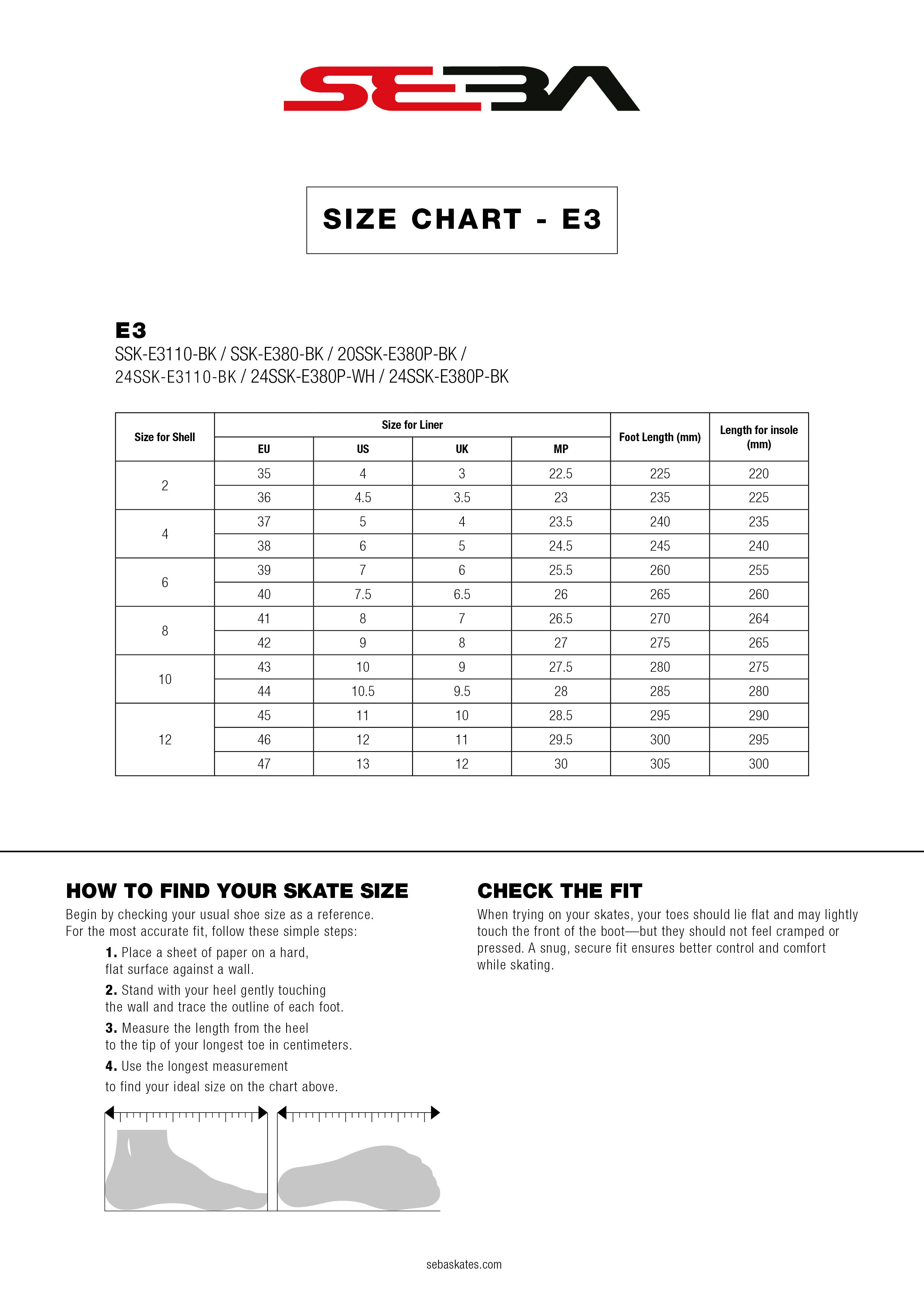 SIZE CHART - SEBA - E3